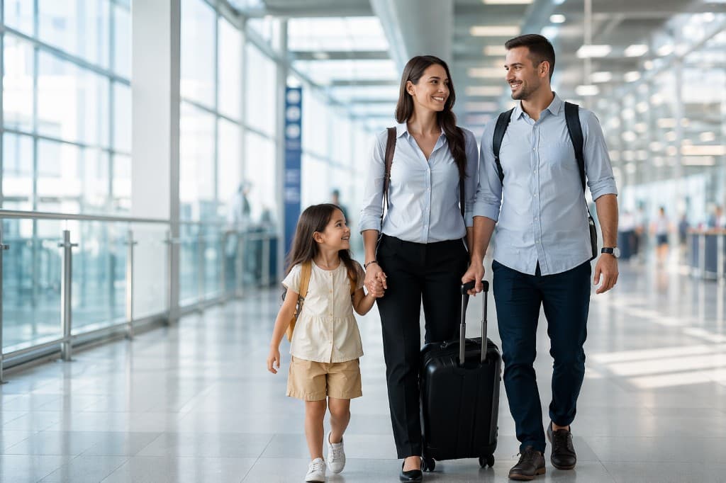 Family walking through a bright airport terminal with luggage