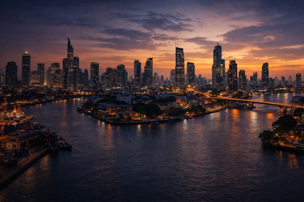 Panoramic city skyline at sunset over a wide river, with bridges, port, and glowing building lights reflected in the water