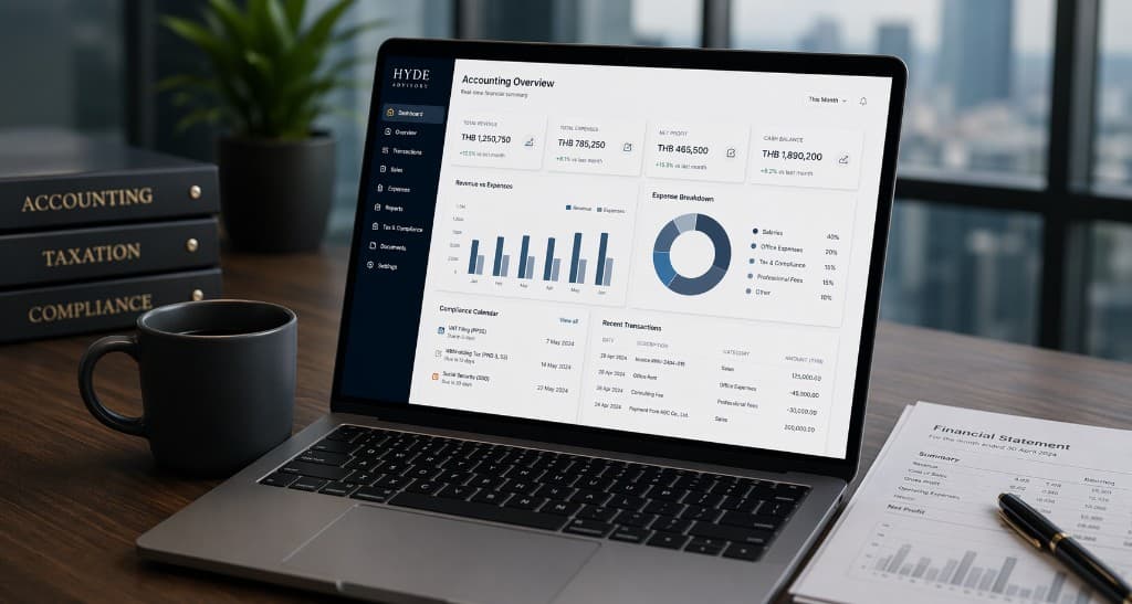 Hyde Advisory accounting overview dashboard on a laptop with accounting, taxation and compliance books on a desk overlooking the city