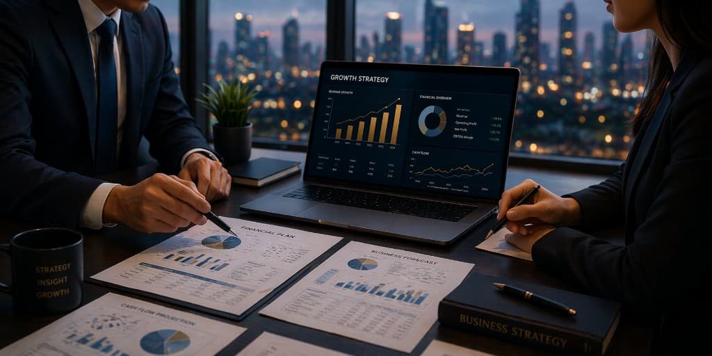 Two advisors at night reviewing a growth strategy dashboard on a laptop with financial plans and forecasts on the desk, city lights beyond the window