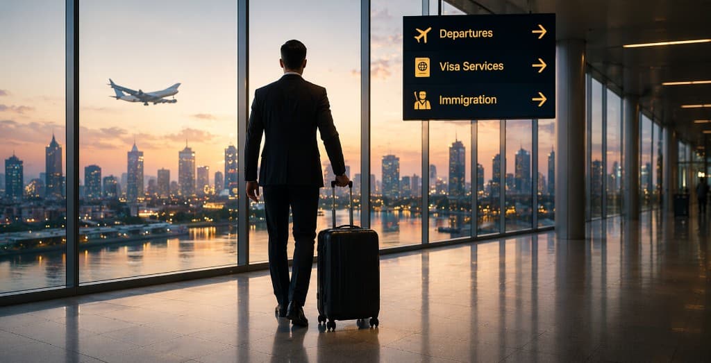 Business traveler with luggage in an airport at sunset, city skyline through the windows and signage for departures, visa services and immigration