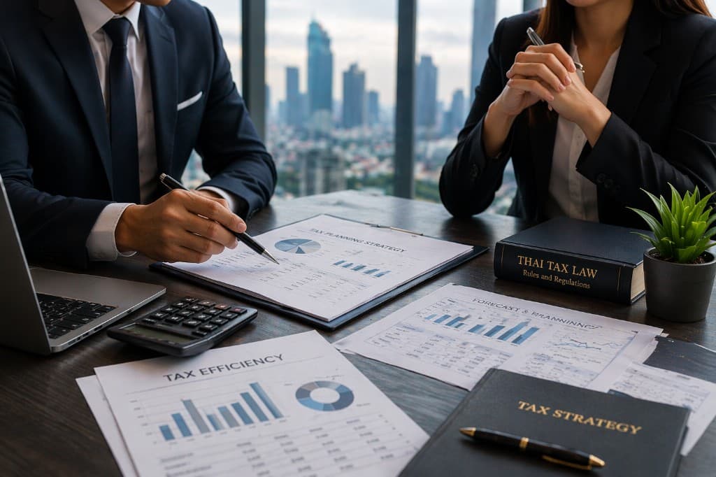 Two advisors reviewing tax planning strategy documents, charts and Thai tax law reference materials at a desk with a city view