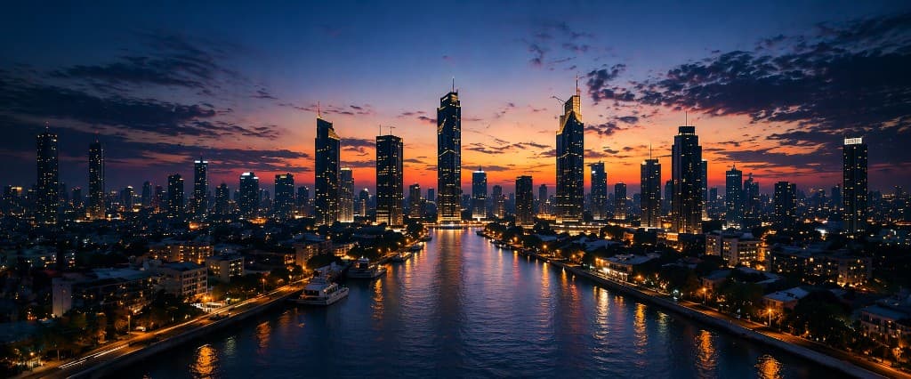 Panoramic city skyline at sunset along a river, buildings reflected in the water