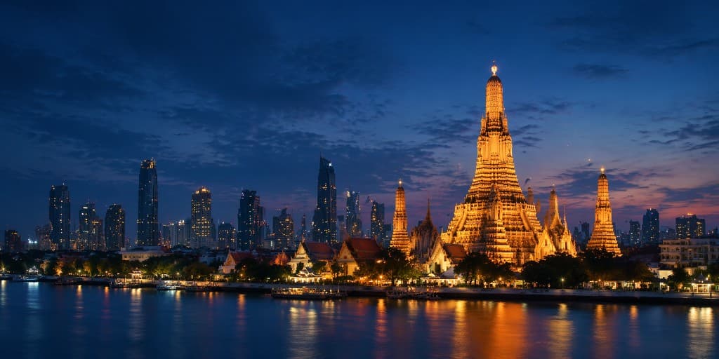Bangkok skyline and Wat Arun at night along the Chao Phraya River